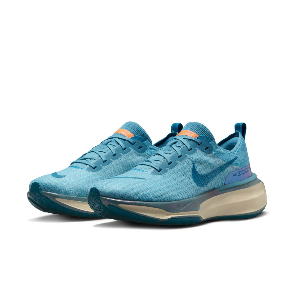 Pair anterior angled view of Nike Men's ZoomX Invincible Run Flyknit 3 Running Shoes in blue. (7751492403362)