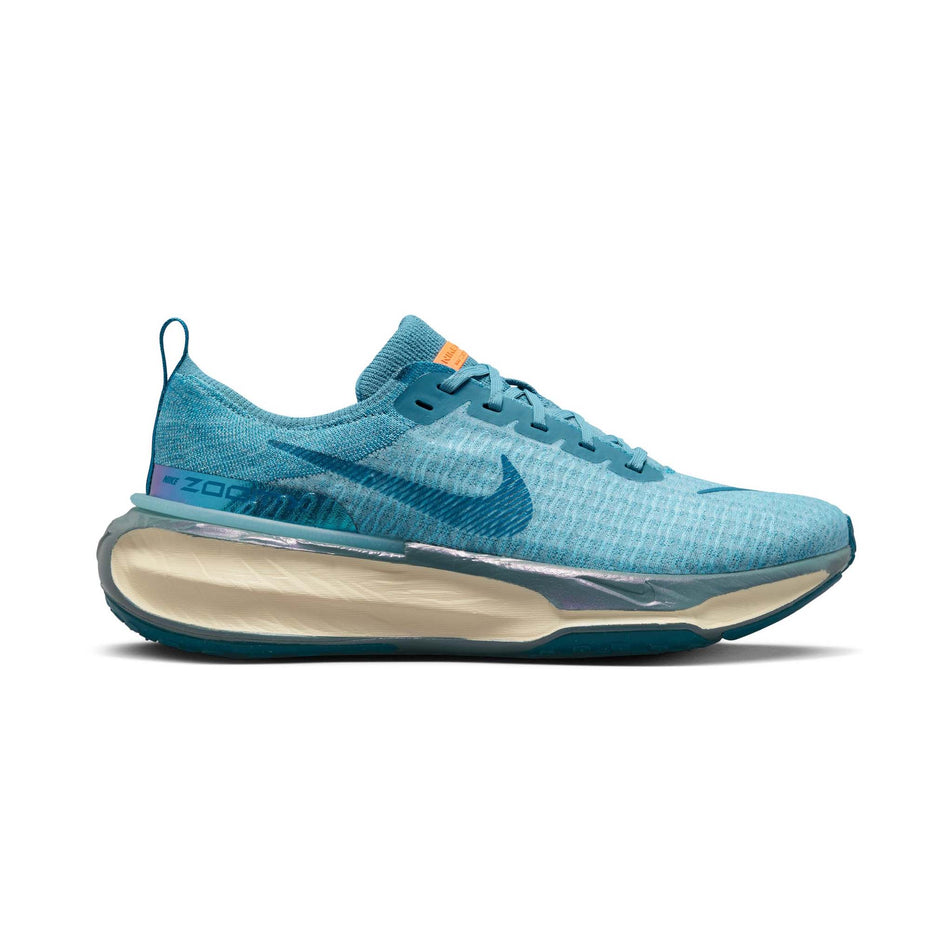 Right shoe lateral view of Nike Men's ZoomX Invincible Run Flyknit 3 Running Shoes in blue. (7751492403362)