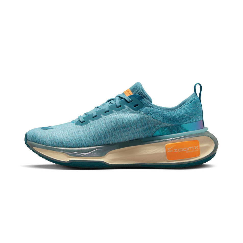 Right shoe medial view of Nike Men's ZoomX Invincible Run Flyknit 3 Running Shoes in blue. (7751492403362)