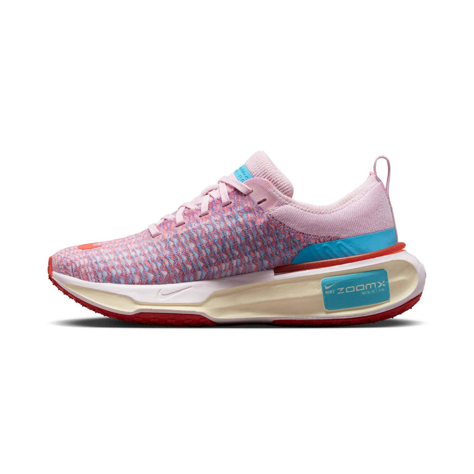 Right shoe medial view of Nike Women's ZoomX Invincible Run Flyknit 3 Running Shoes in pink. (7751504953506)