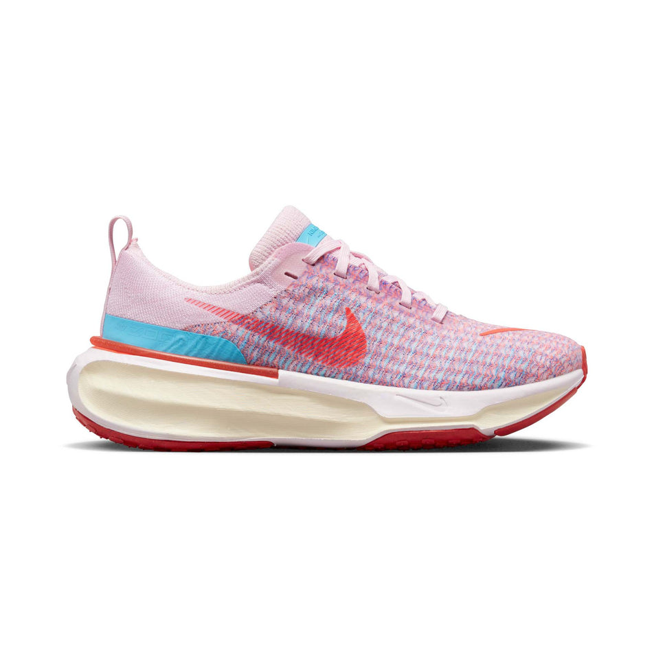 Right shoe lateral view of Nike Women's ZoomX Invincible Run Flyknit 3 Running Shoes in pink. (7751504953506)