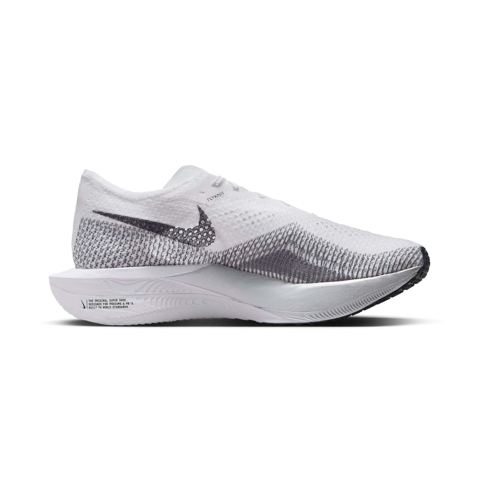 Medial side of the left shoe from a pair of Nike Men's Vaporfly 3 Road Racing Shoes in the White/DK Smoke Grey-Particle Grey colourway (7866759282850)