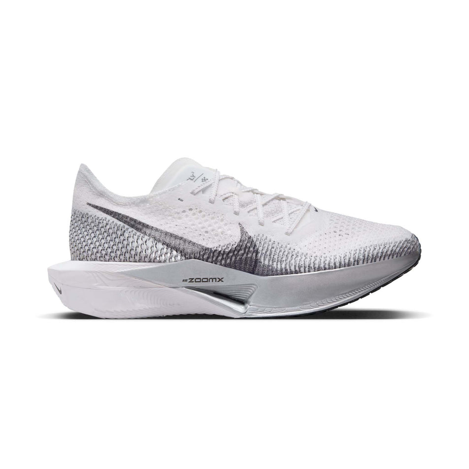 Lateral side of the right shoe from a pair of Nike Men's Vaporfly 3 Road Racing Shoes in the White/DK Smoke Grey-Particle Grey colourway (7866759282850)