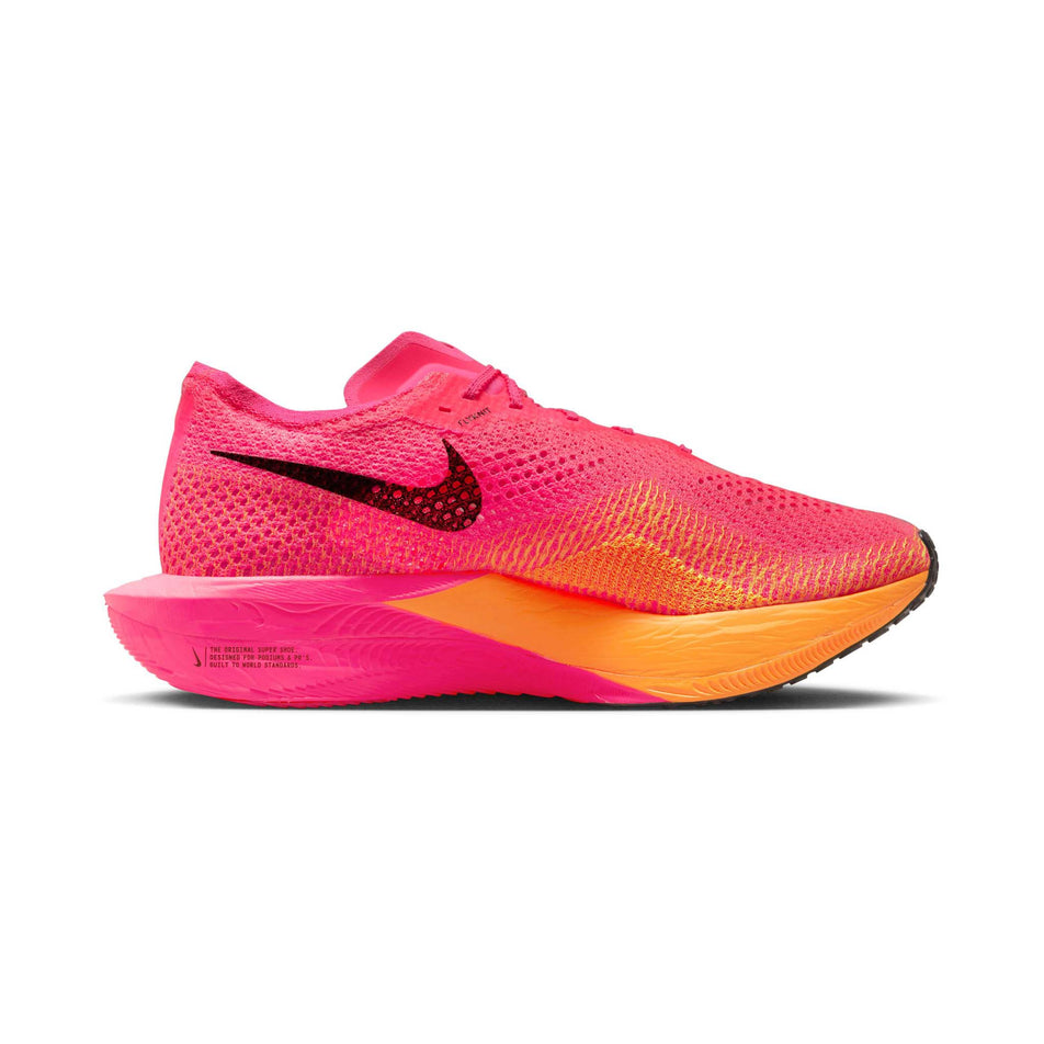 Medial side of the left shoe from a pair of Nike Men's Vaporfly 3 Road Racing Shoes in the Hyper Pink/Black-Laser Orange colourway  (7867146961058)
