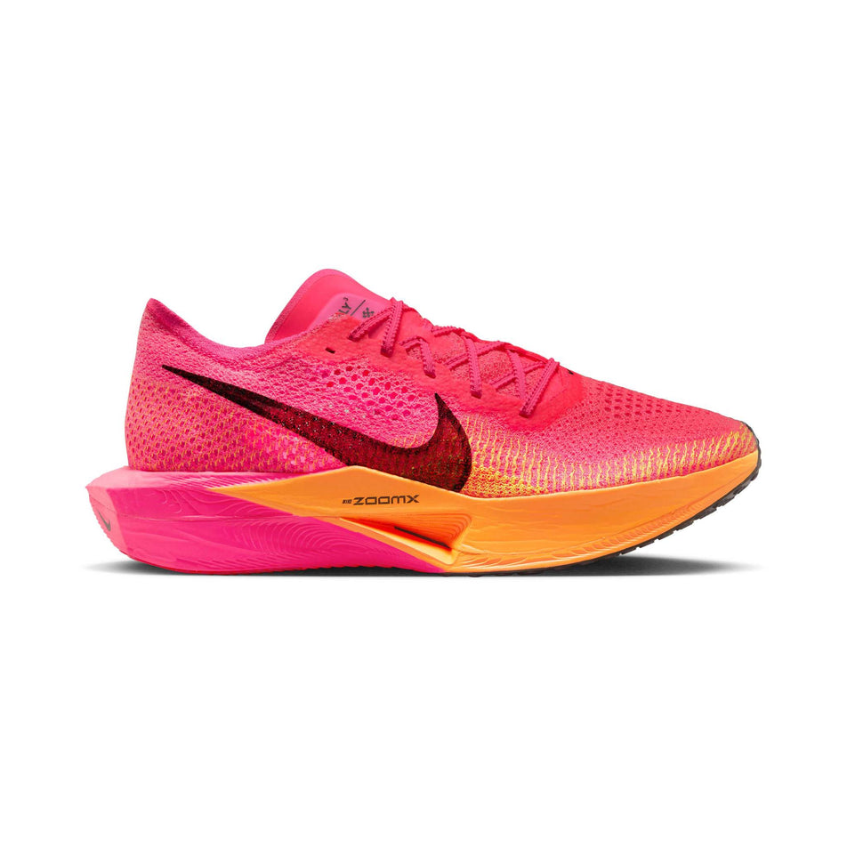 Lateral side of the right shoe from a pair of Nike Men's Vaporfly 3 Road Racing Shoes in the Hyper Pink/Black-Laser Orange colourway  (7867146961058)