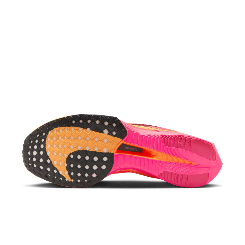 The outsole of the left shoe from a pair of Nike Men's Vaporfly 3 Road Racing Shoes in the Hyper Pink/Black-Laser Orange colourway  (7867146961058)