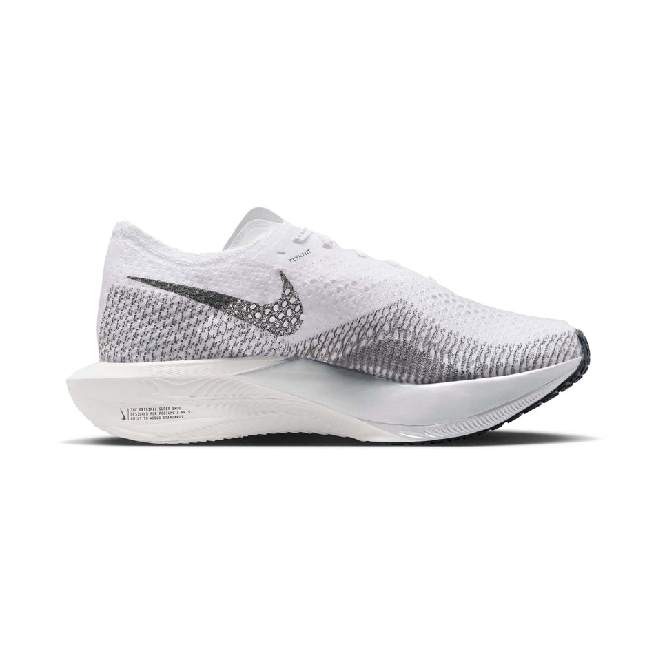 Medial side of the left shoe from a pair of Nike Women's Vaporfly 3 Road Racing Shoes in the White/DK Smoke Grey-Particle Grey colourway (7867364049058)