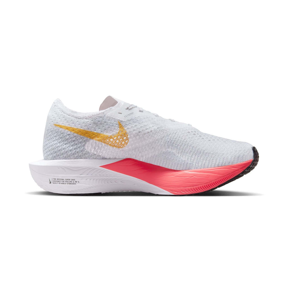 Medial side of the left shoe from a pair of Nike Women's Vaporfly 3 Road Racing Shoes in the White/Topaz Gold-Sea Coral-Pure Platinum colourway (7867372372130)
