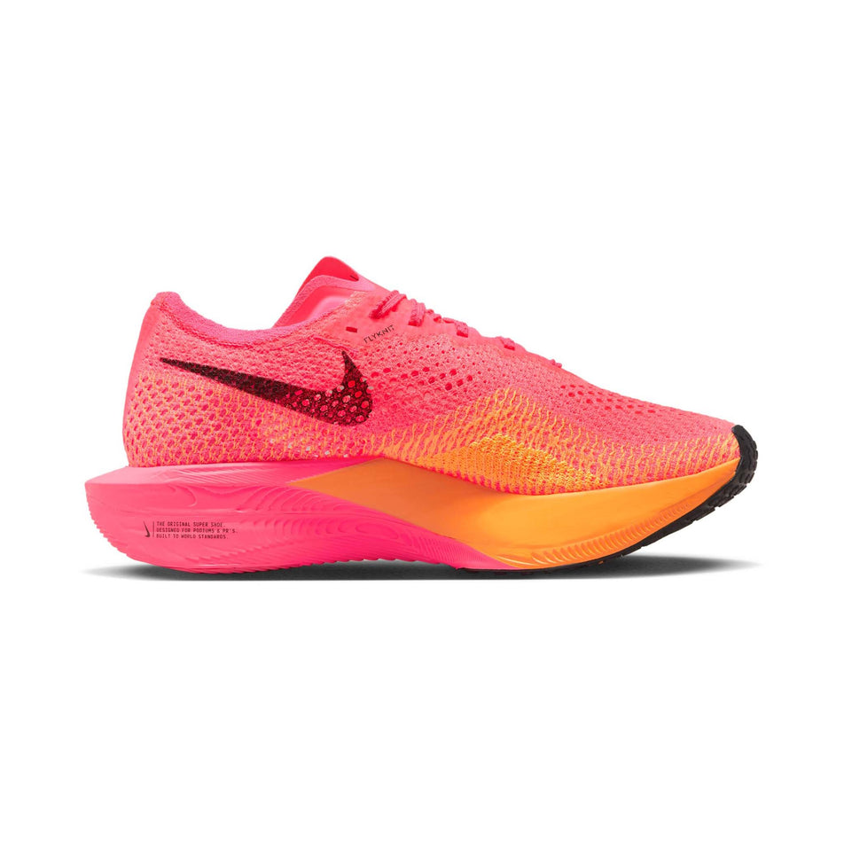 Medial side of the left shoe from a pair of Nike Women's Vaporfly 3 Road Racing Shoes in the Hyper Pink/Black-Laser Orange colourway (7867373584546)