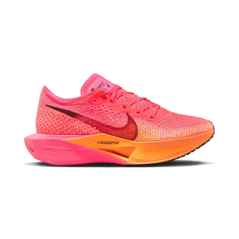 Lateral side of the right shoe from a pair of Nike Women's Vaporfly 3 Road Racing Shoes in the Hyper Pink/Black-Laser Orange colourway (7867373584546)