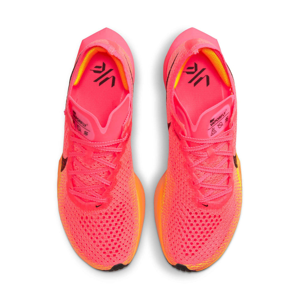 The uppers on a pair of Nike Women's Vaporfly 3 Road Racing Shoes in the Hyper Pink/Black-Laser Orange colourway (7867373584546)