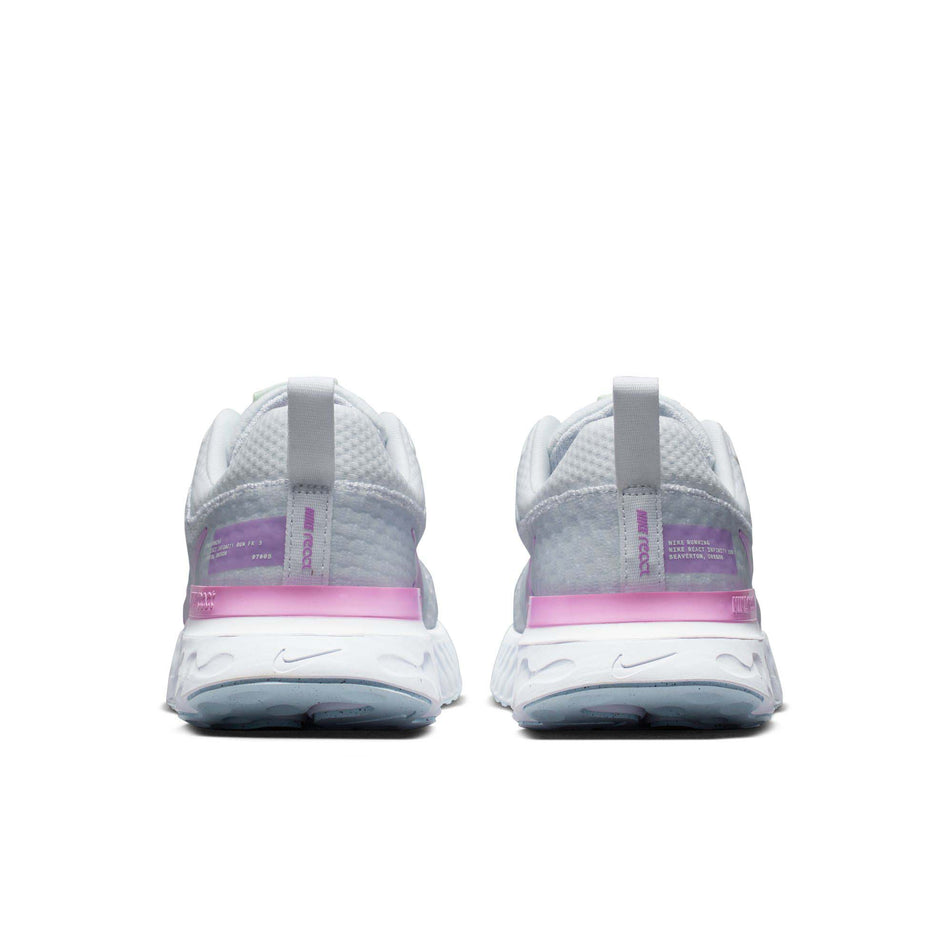 Pair posterior view of Nike Women's React Infinity Run Flyknit 3 Running Shoes in white. (7750550945954)