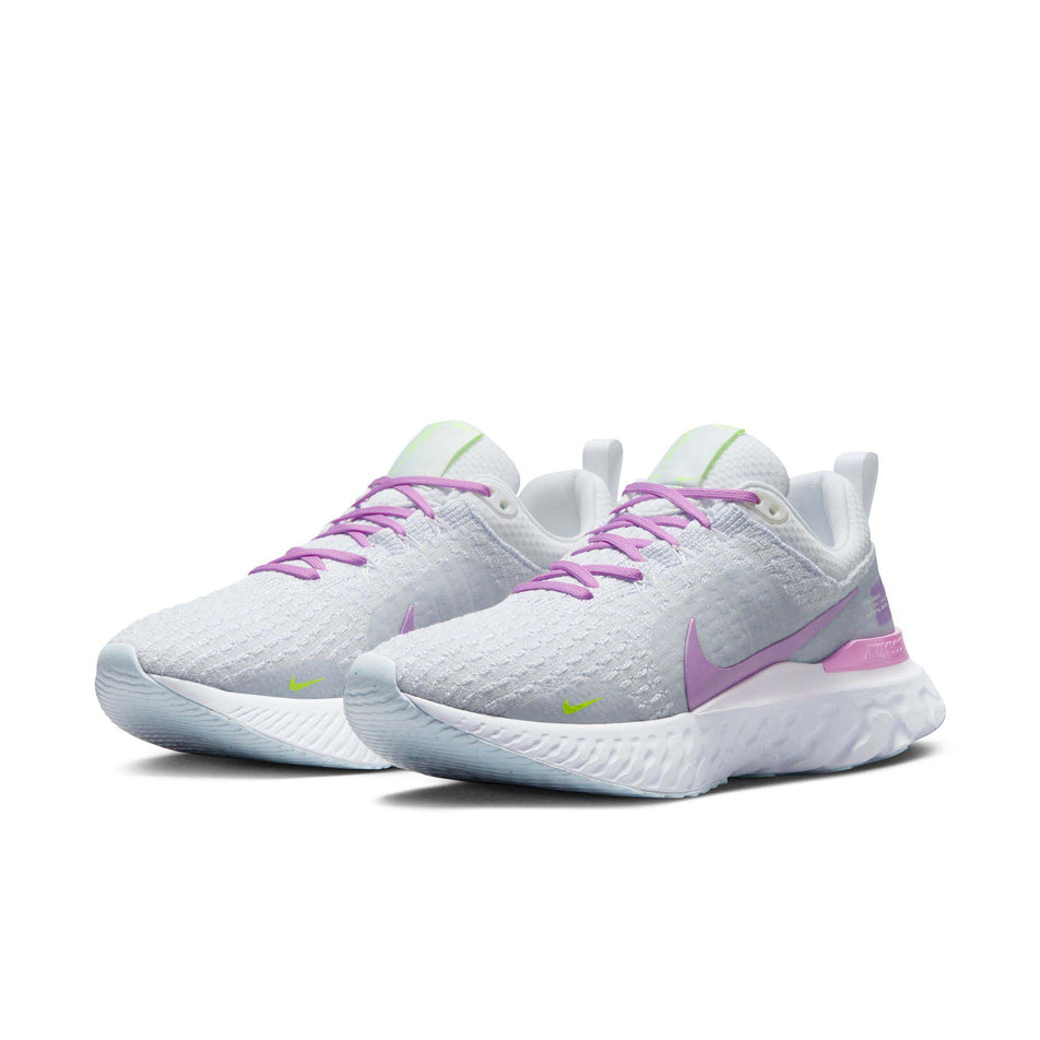 Pair anterior angled view of Nike Women's React Infinity Run Flyknit 3 Running Shoes in white. (7750550945954)
