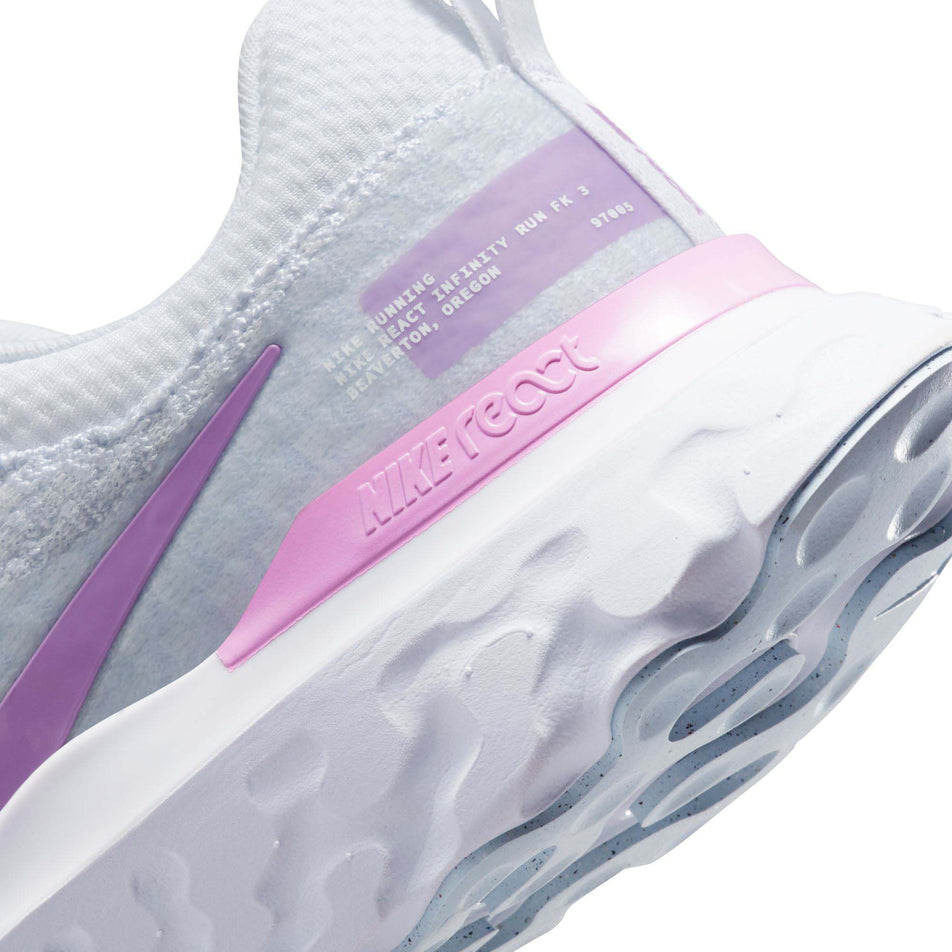 Midsole view of Nike Women's React Infinity Run Flyknit 3 Running Shoes in white. (7750550945954)