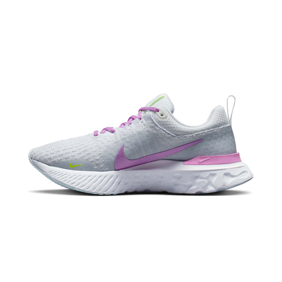 Right shoe medial view of Nike Women's React Infinity Run Flyknit 3 Running Shoes in white. (7750550945954)