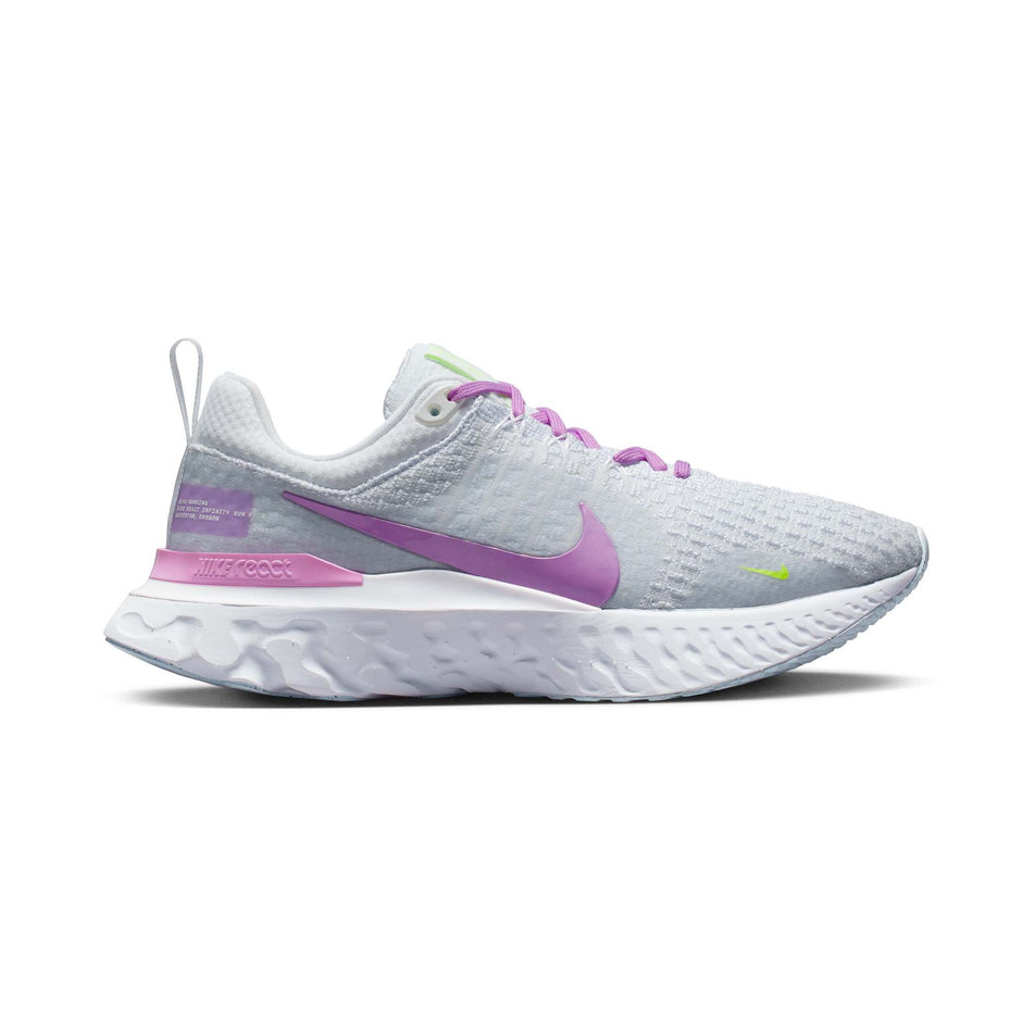 Right shoe lateral view of Nike Women's React Infinity Run Flyknit 3 Running Shoes in white. (7750550945954)