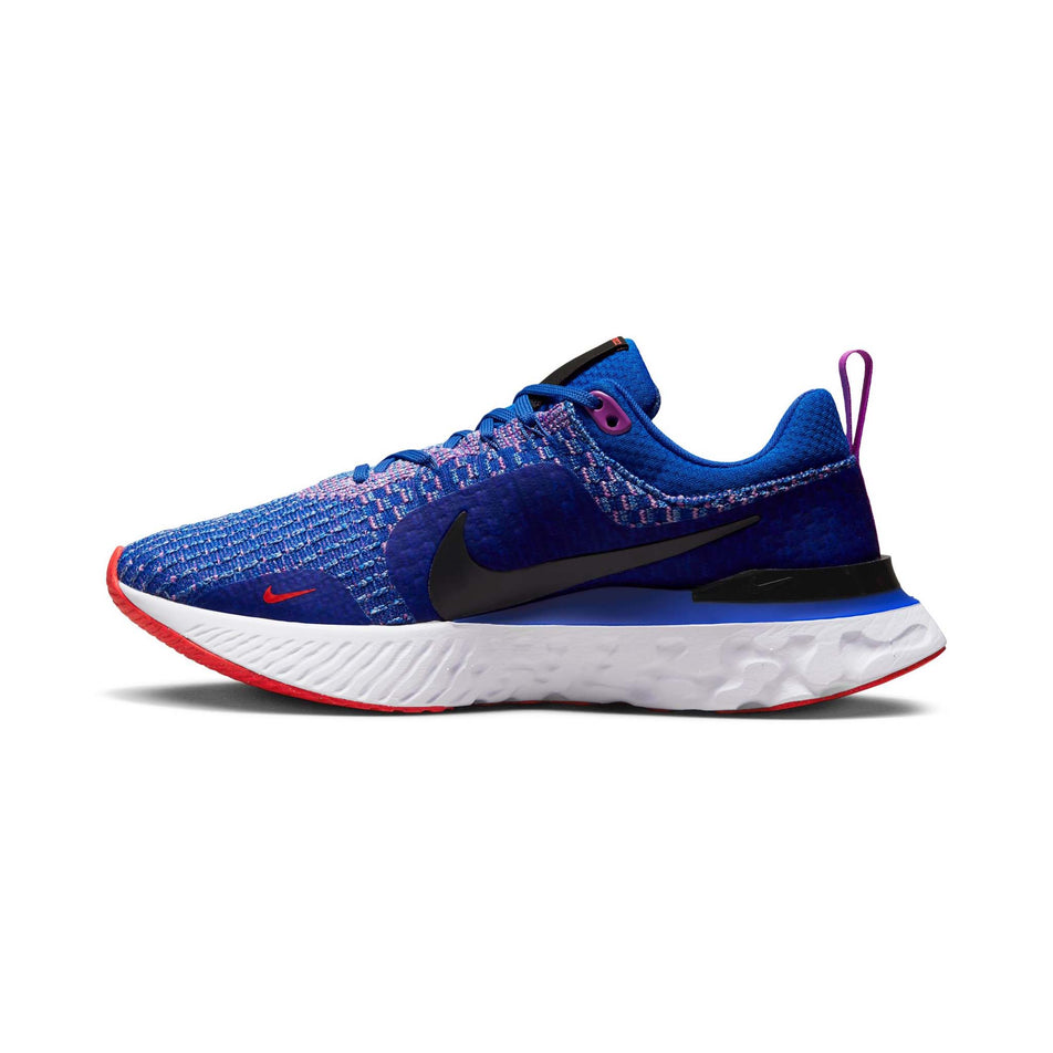 Right shoe medial view of Nike Women's React Infinity Run Flyknit 3 Running Shoes in blue. (7728660119714)