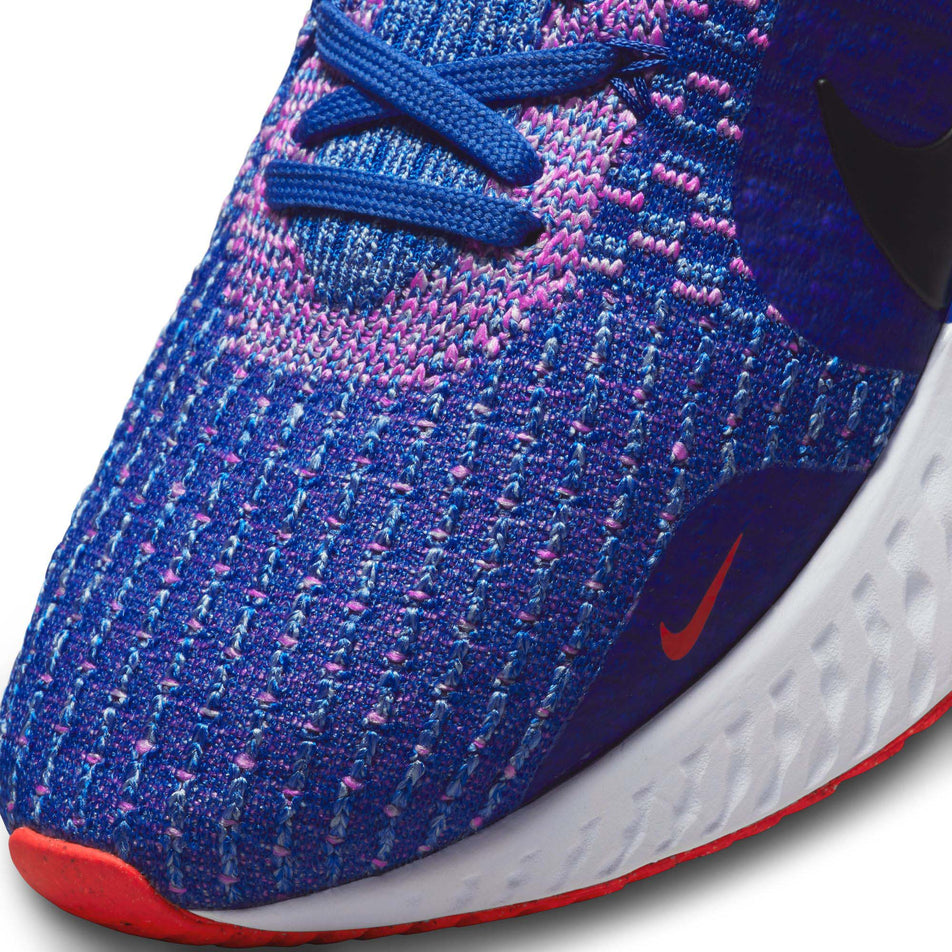 Left shoe toebox view of Nike Women's React Infinity Run Flyknit 3 Running Shoes in blue. (7728660119714)