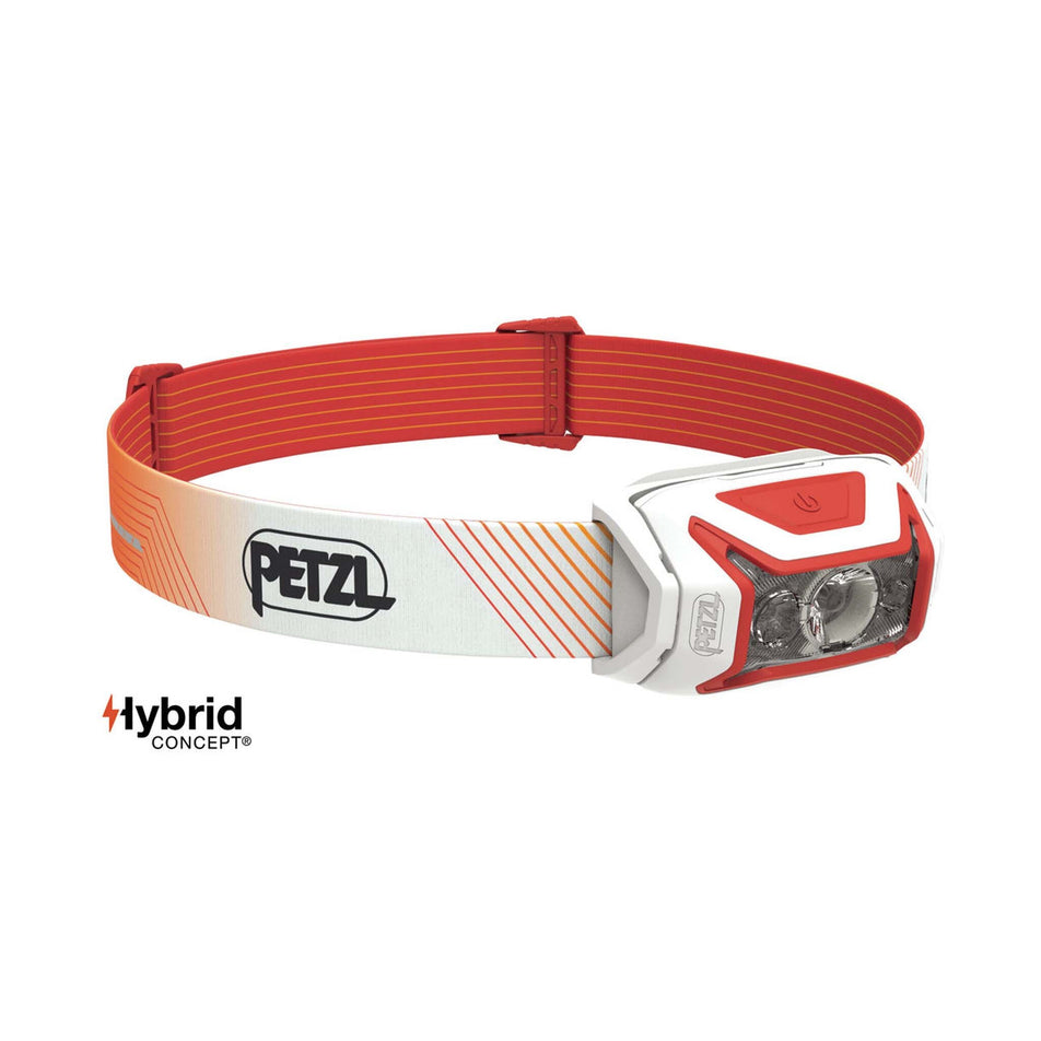 Front angled view of Petzl ACTIK CORE Running Head Torch in red (7673402065058)