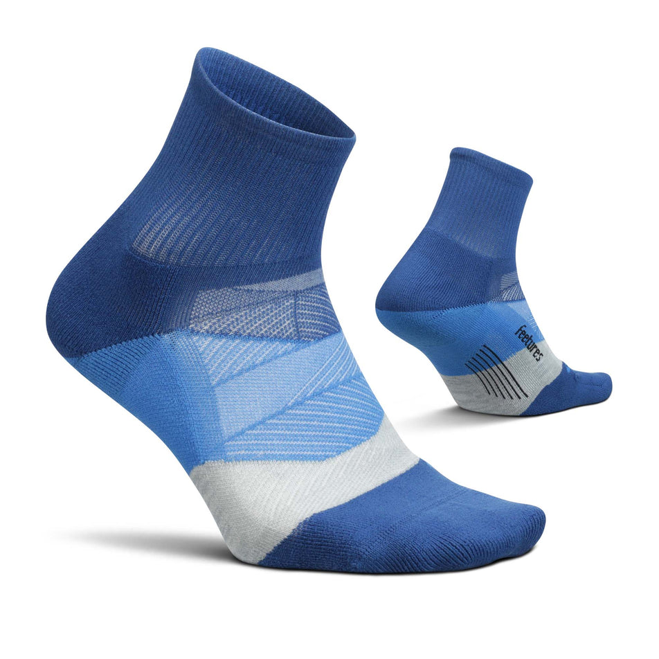 A pair of Feetures Unisex Elite Light Cushion Quarter Running Socks in blue. (7758516682914)