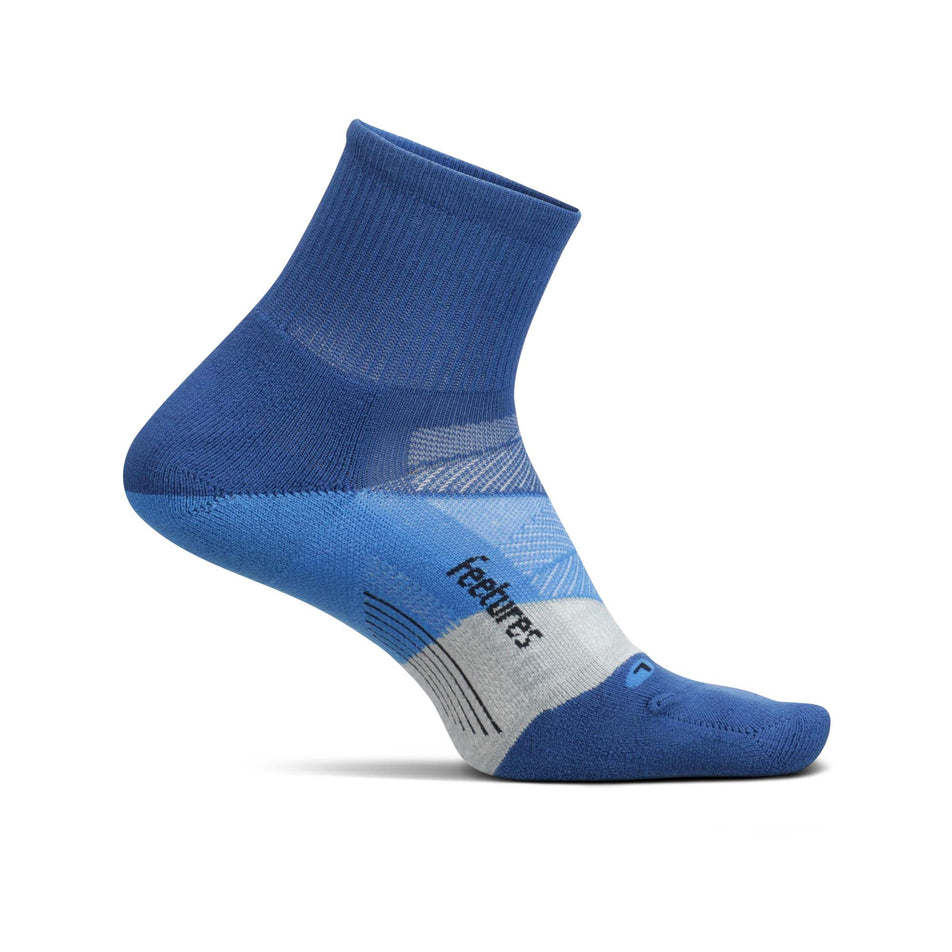 Medial view of the left sock from a pair of Feetures Unisex Elite Light Cushion Quarter Running Socks in blue. (7758516682914)