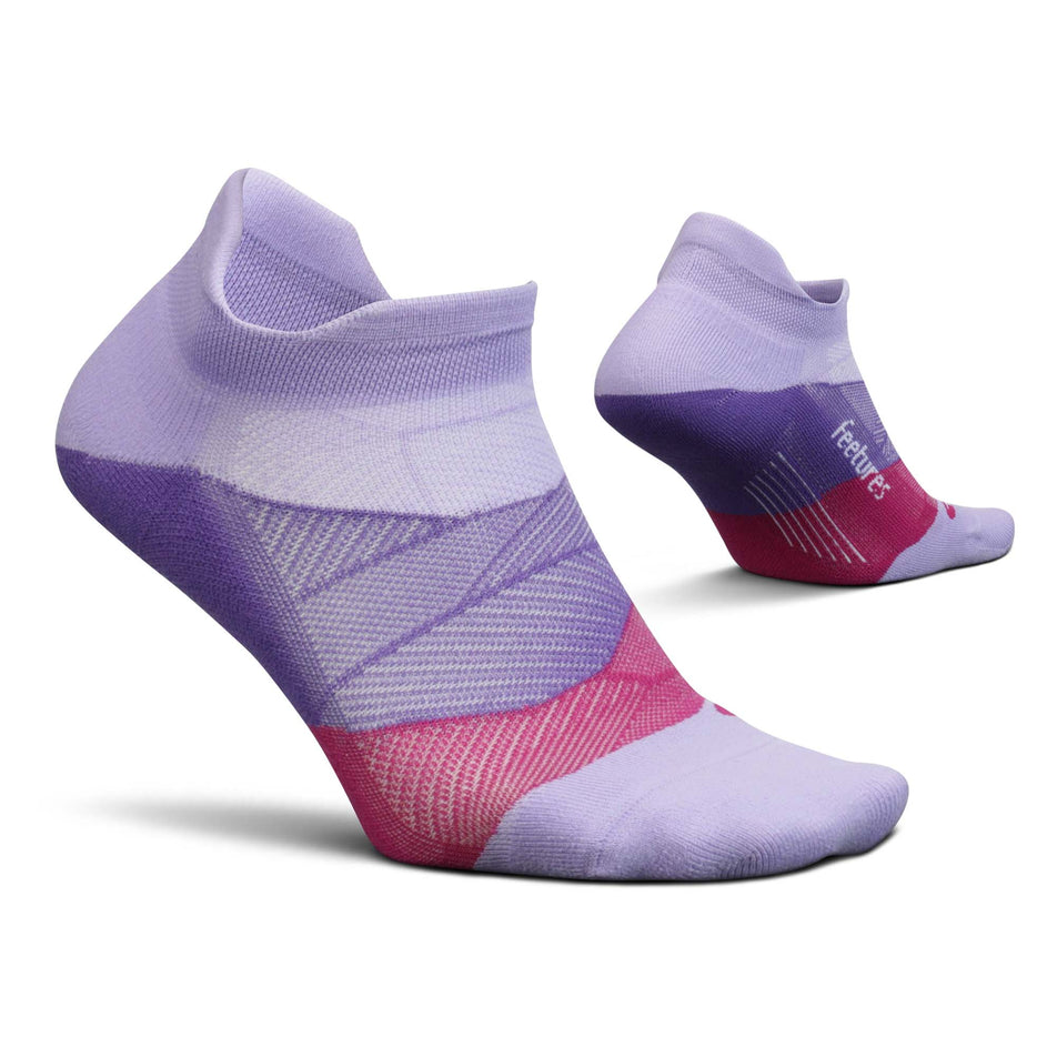 A pair of Feetures Unisex Elite Light Cushion No Show Tab Running Socks in purple. (7758513176738)