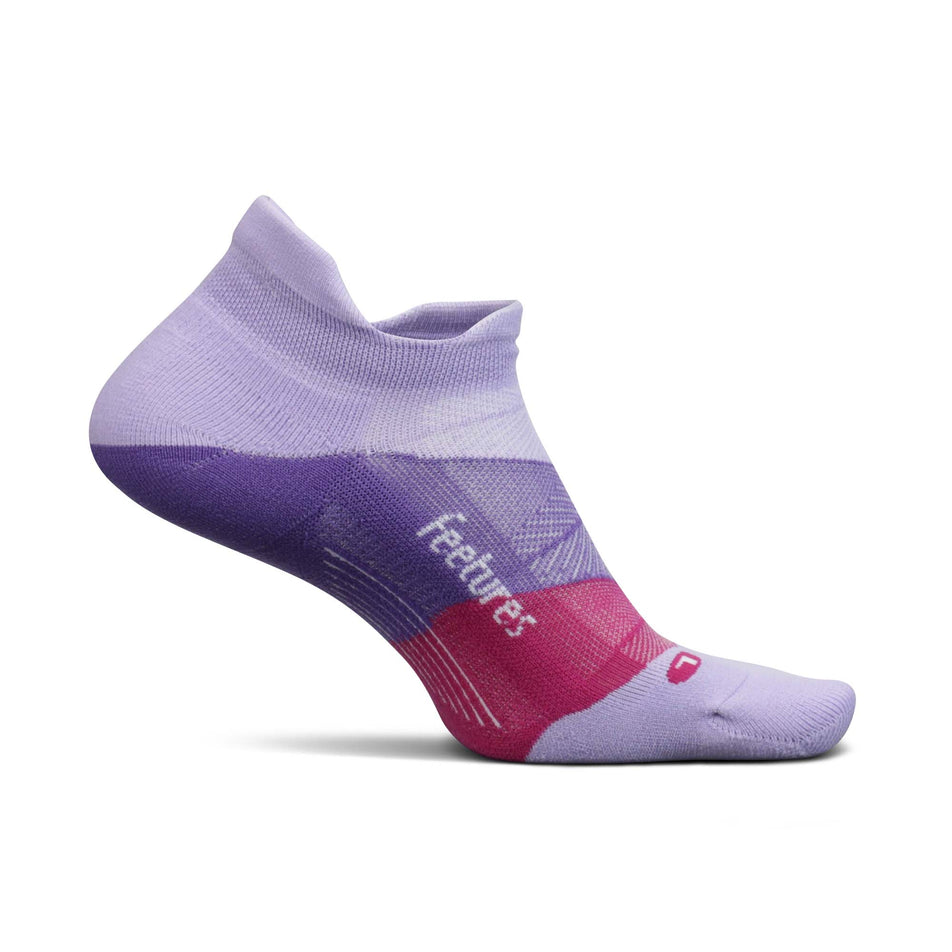 Medial view of the left sock from a pair of Feetures Unisex Elite Light Cushion No Show Tab Running Socks in purple. (7758513176738)
