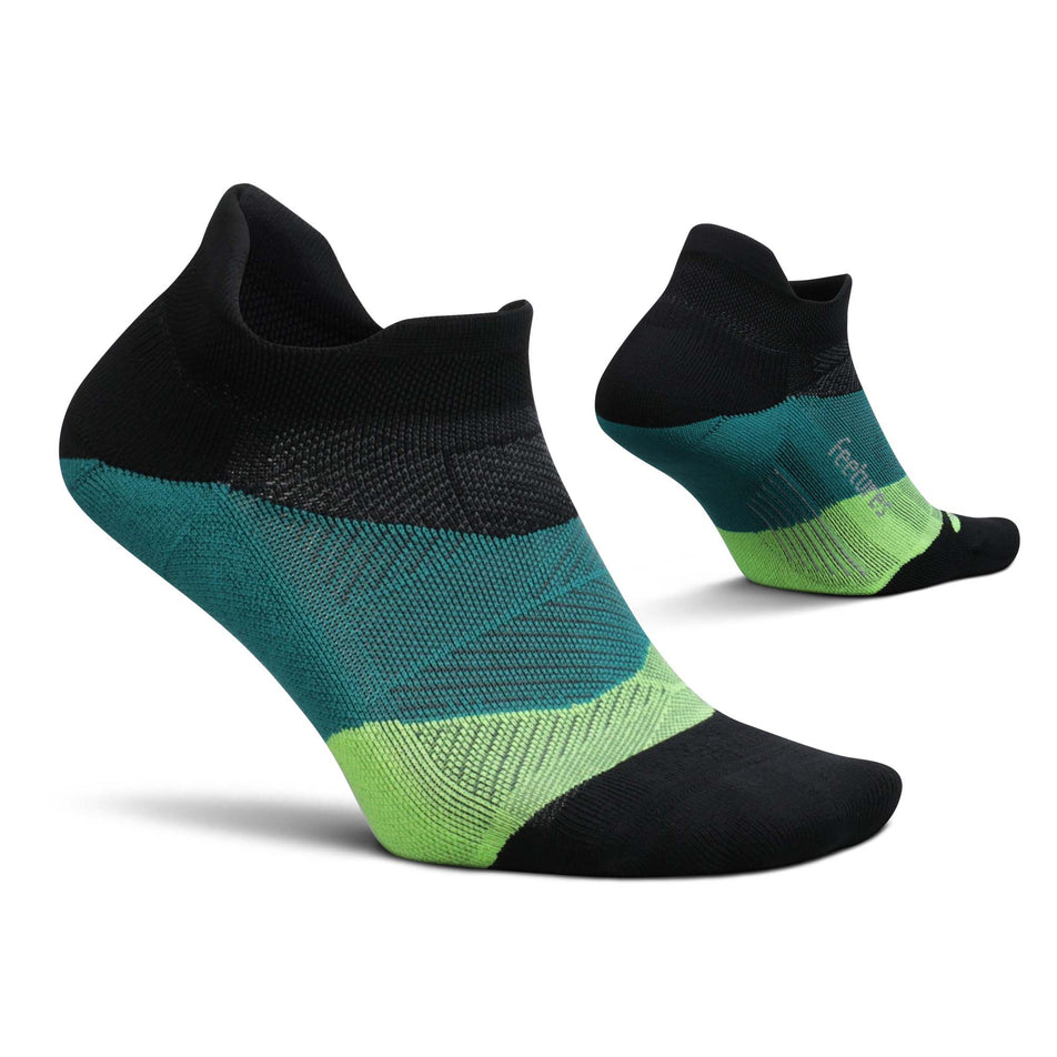 A pair of Feetures Unisex Elite Light Cushion No Show Tab Running Socks in black. (7758569013410)