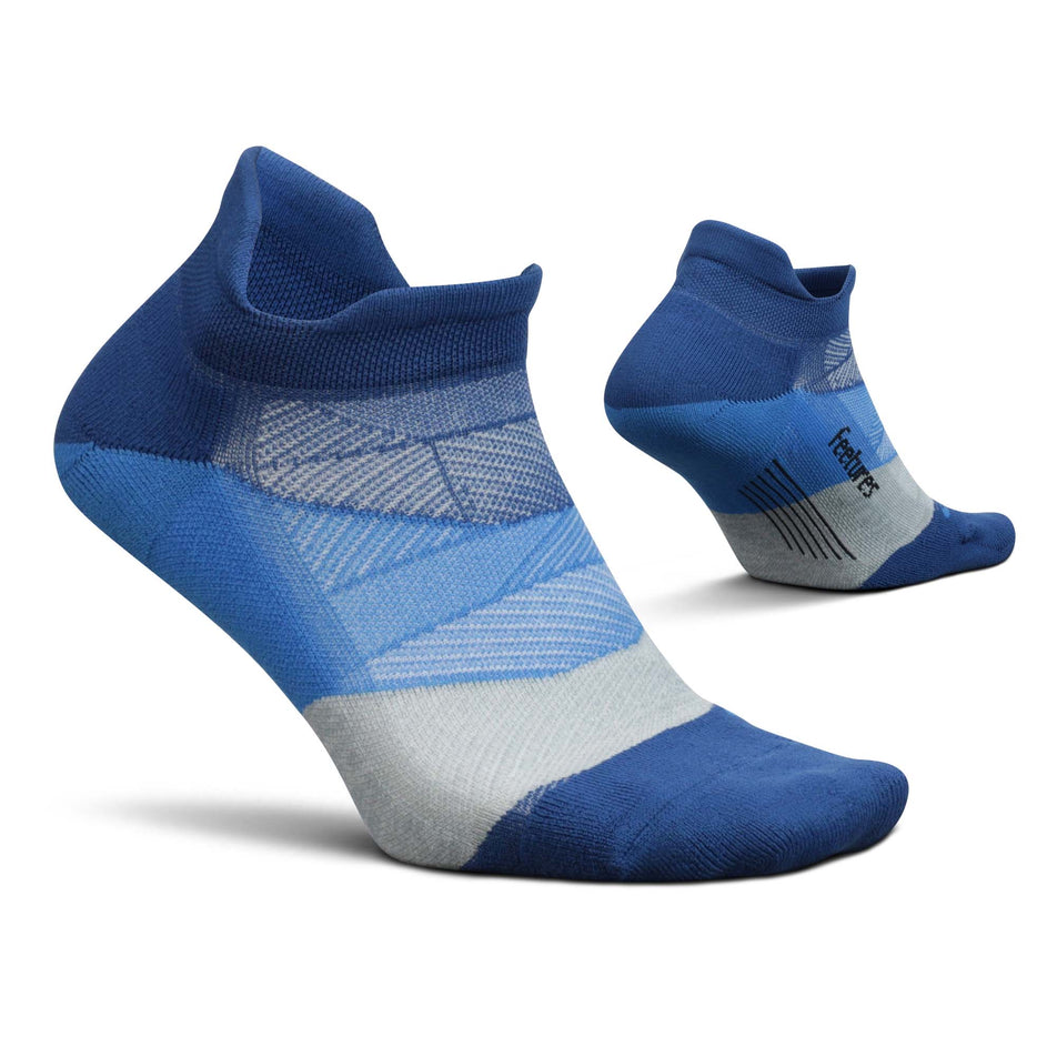 A pair of Feetures Unisex Elite Ultra Light No Show Tab Socks in blue. (7758535852194) 
