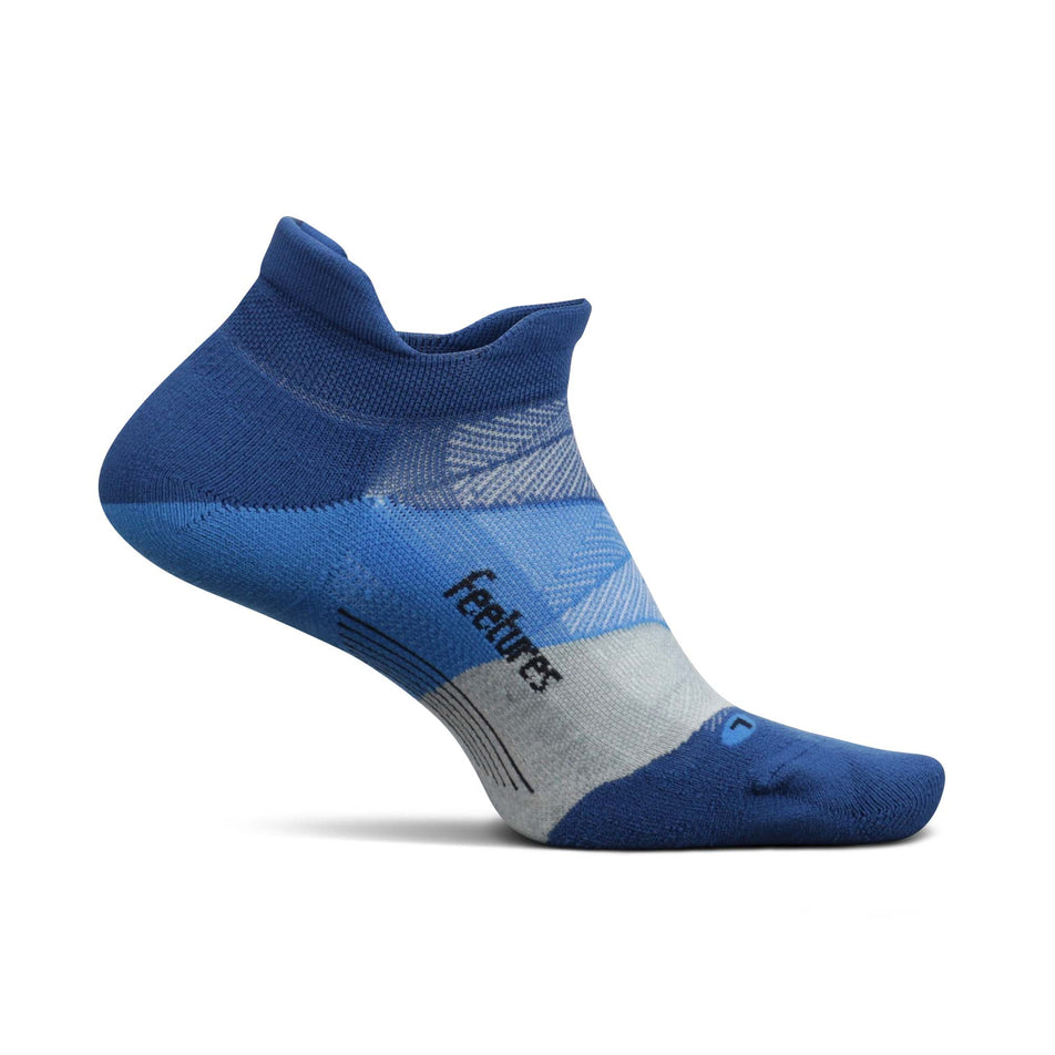 Medial view of the left sock from a pair of Feetures Unisex Elite Ultra Light No Show Tab Socks in blue. (7758535852194)