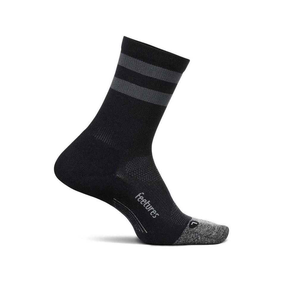 Medial view of the left sock from a pair of Feetures Unisex Elite Light Cushion Mini Crew running socks in the Black High Top Stripe colourway (7561625338018)