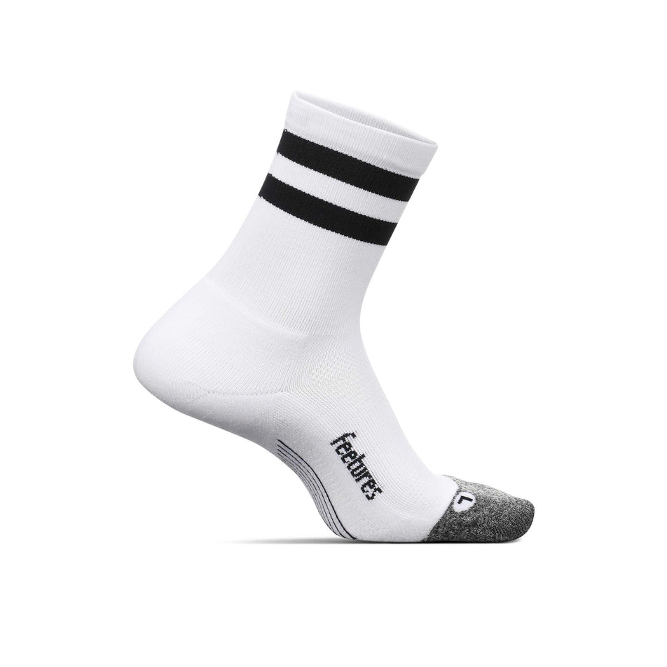 Medial view of the left sock from a pair of Feetures Unisex Elite Light Cushion Mini Crew running socks in the White High Top Stripe colourway (7520309051554)