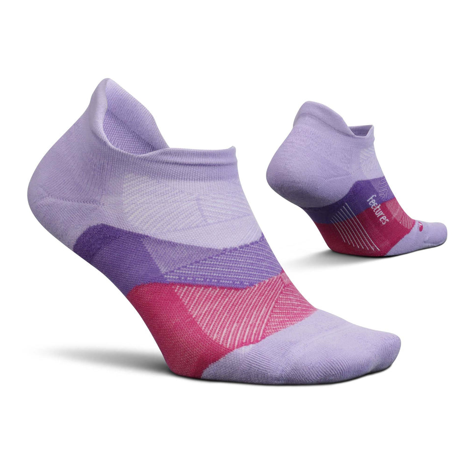 A pair of Feetures Unisex Elite Max Cushion No Show Tab Running Socks in purple. (7758605779106)