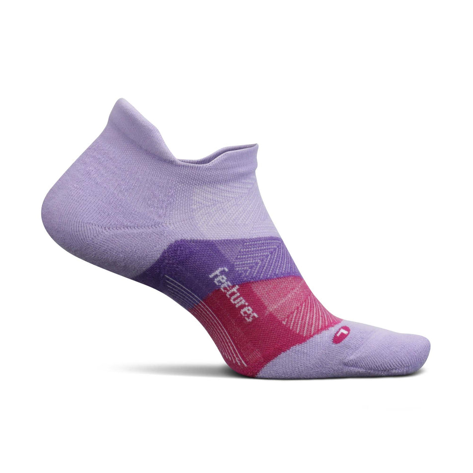 Medial view of the left sock from a pair of Feetures Unisex Elite Max Cushion No Show Tab Running Socks in purple. (7758605779106)