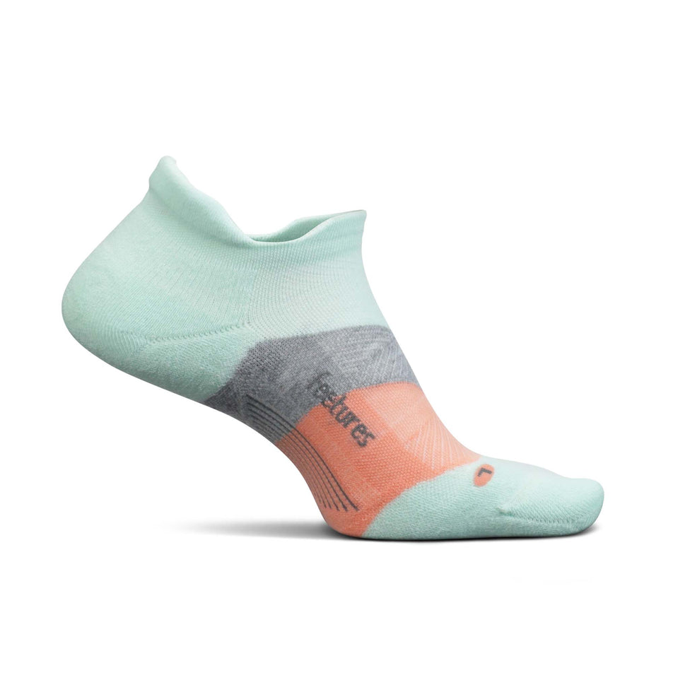 Medial view of the left sock from a pair of Feetures Unisex Elite Max Cushion No Show Tab in green. (7758521172130)