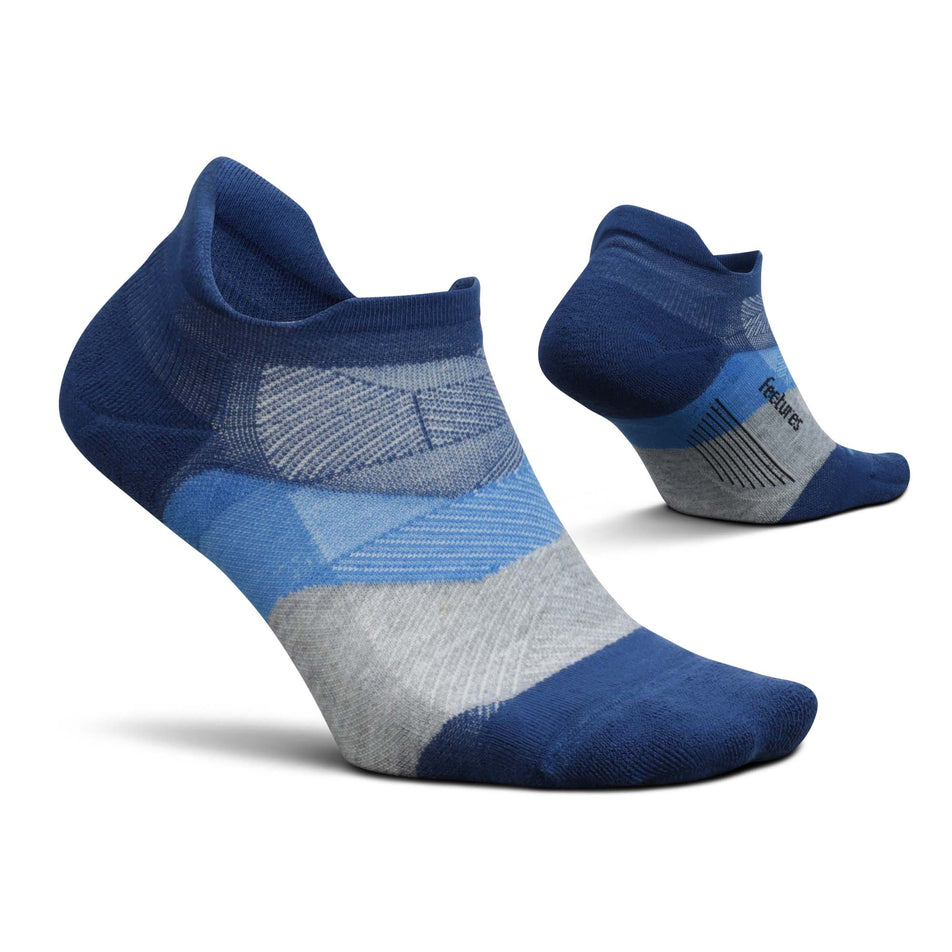 A pair of Feetures Unisex Elite Max Cushion No Show Tab Running Socks in blue.(7758608203938)