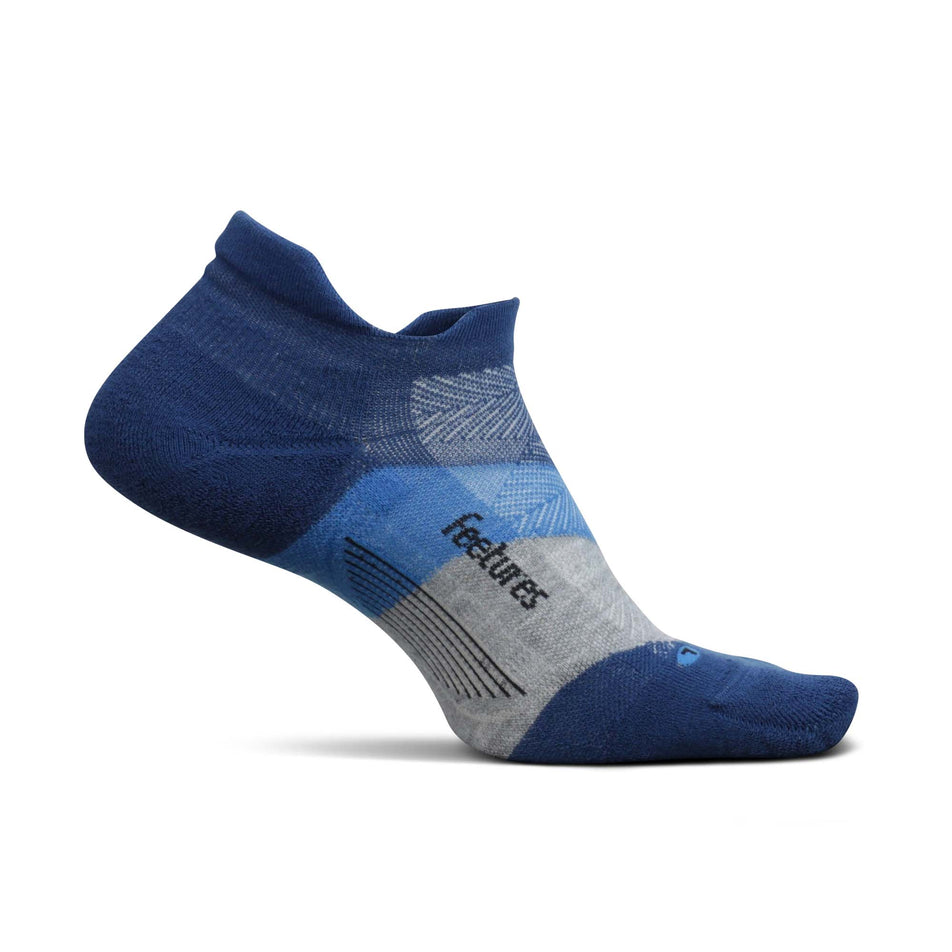 Medial view of the left sock from a pair of Feetures Unisex Elite Max Cushion No Show Tab Running Socks in blue. (7758608203938)