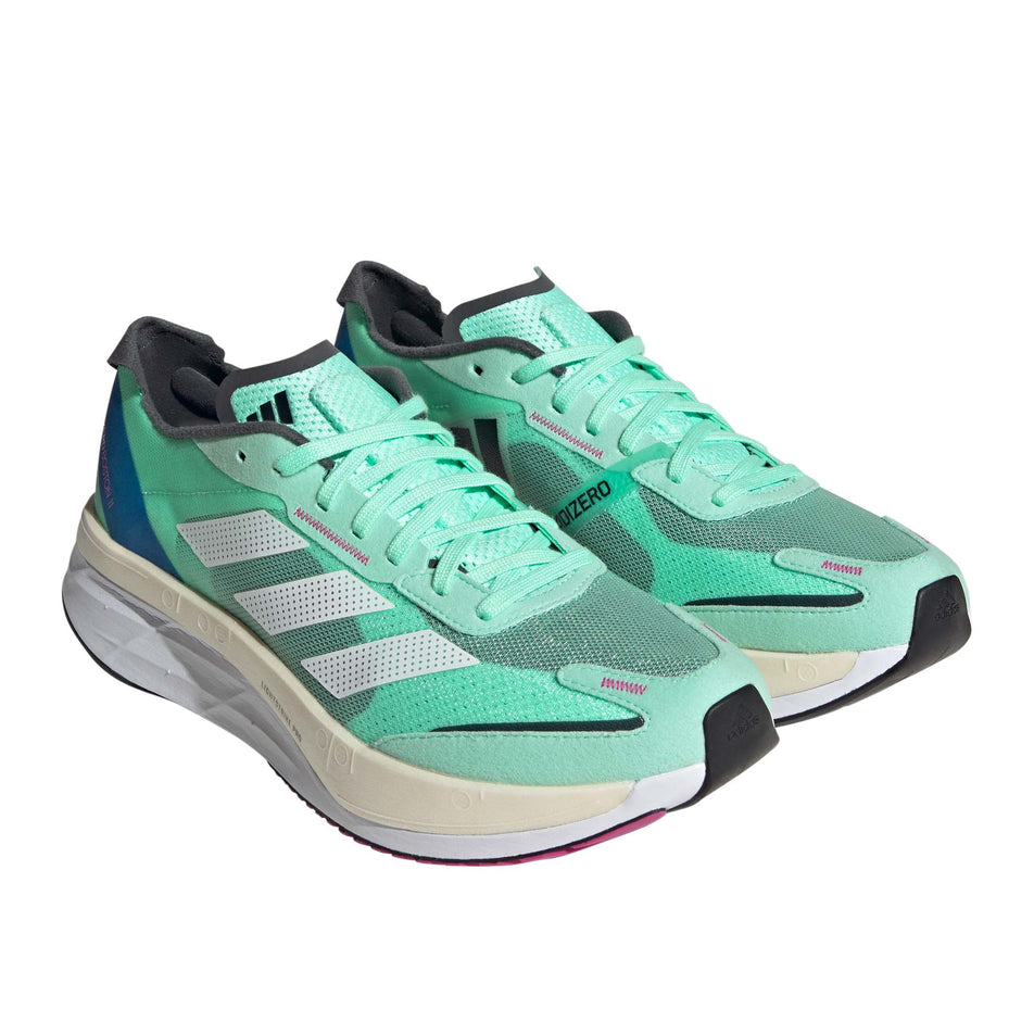 Pair anterior angled view of adidas Men's Boston 11 Running Shoes in green. (7705911492770)