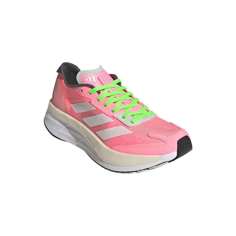 Anterior angled view of women's adidas adizero boston 11 running shoes in pink (7510277652642)