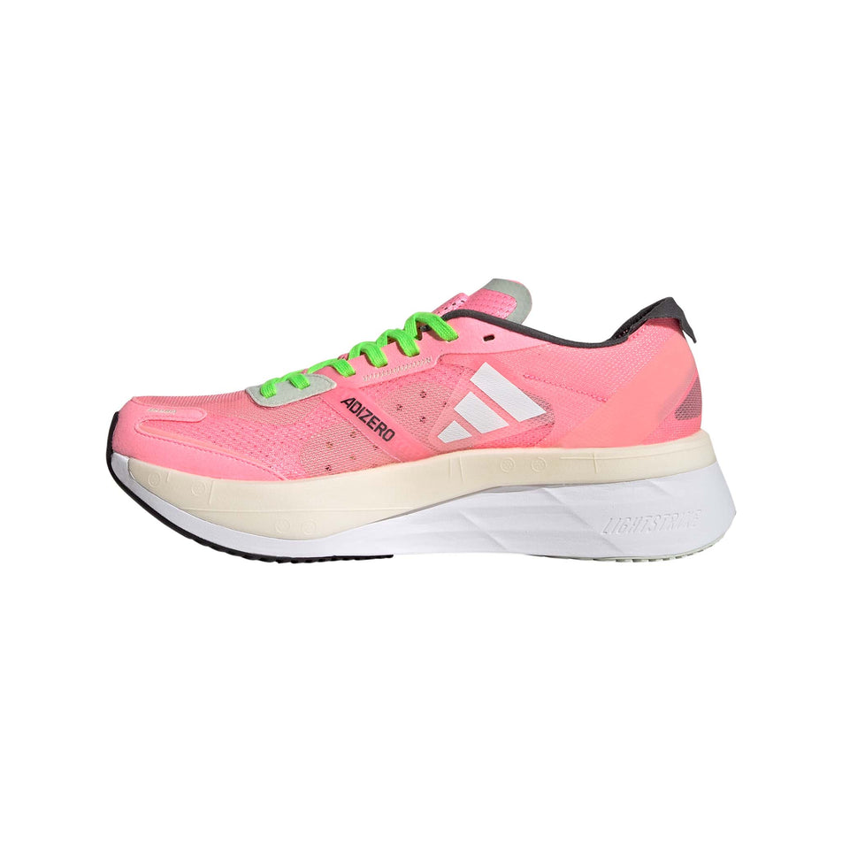Medial view of women's adidas adizero boston 11 running shoes in pink (7510277652642)