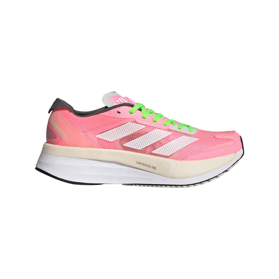 Lateral view of women's adidas adizero boston 11 running shoes in pink (7510277652642)