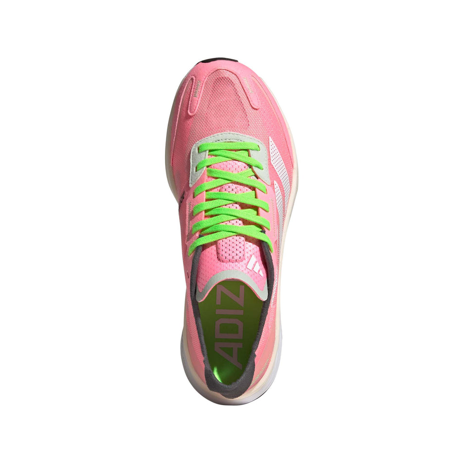 Upper view of women's adidas adizero boston 11 running shoes in pink (7510277652642)