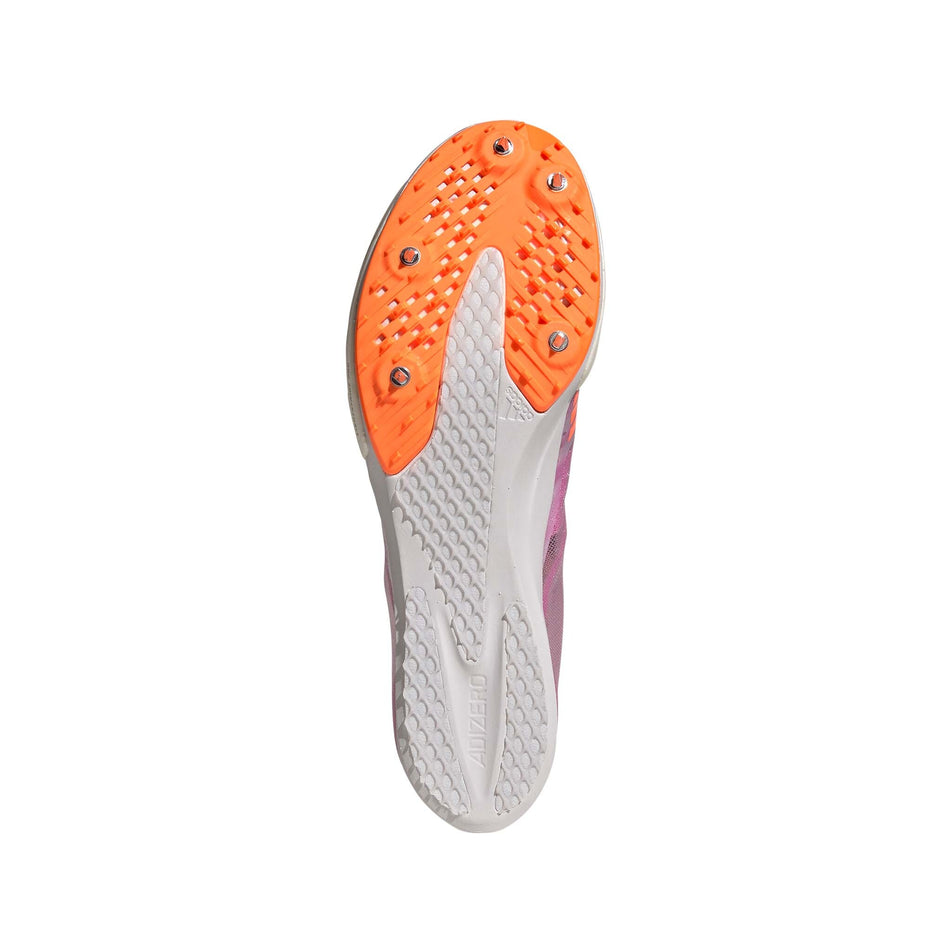 Right shoe outsole view of adidas Men's Adizero Ambition Track Spikes in purple (7684835934370)