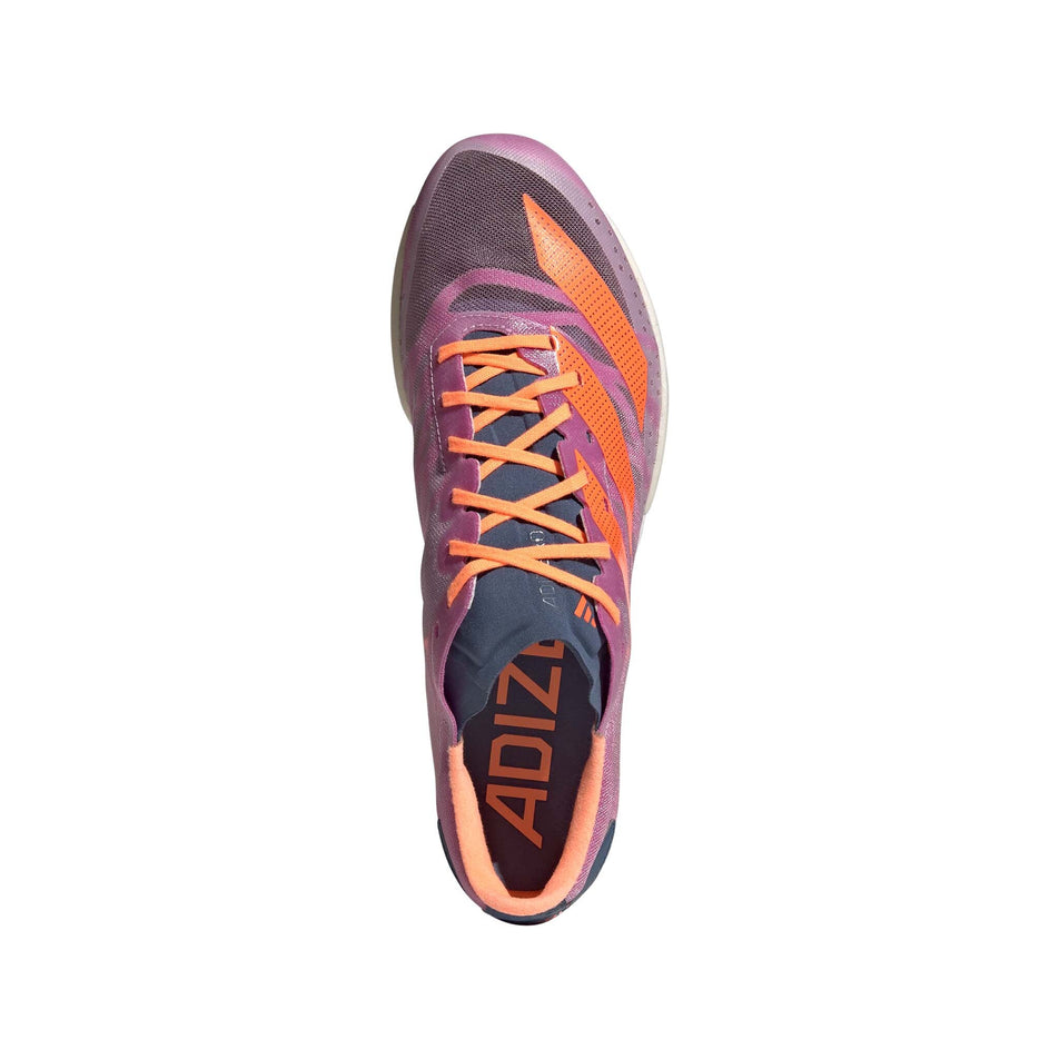 Right shoe upper view of adidas Men's Adizero Ambition Track Spikes in purple (7684835934370)
