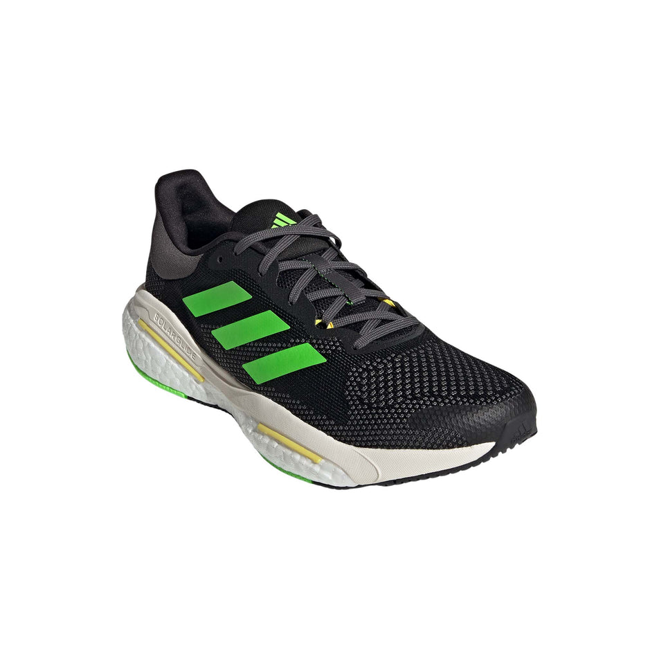 Anterior angled view of men's adidas solar glide 6 running shoes in black (7510262644898)