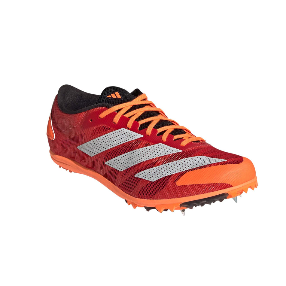Right shoe anterior angled view of adidas unisex adizero XCS Running Shoes in red (7595150770338)