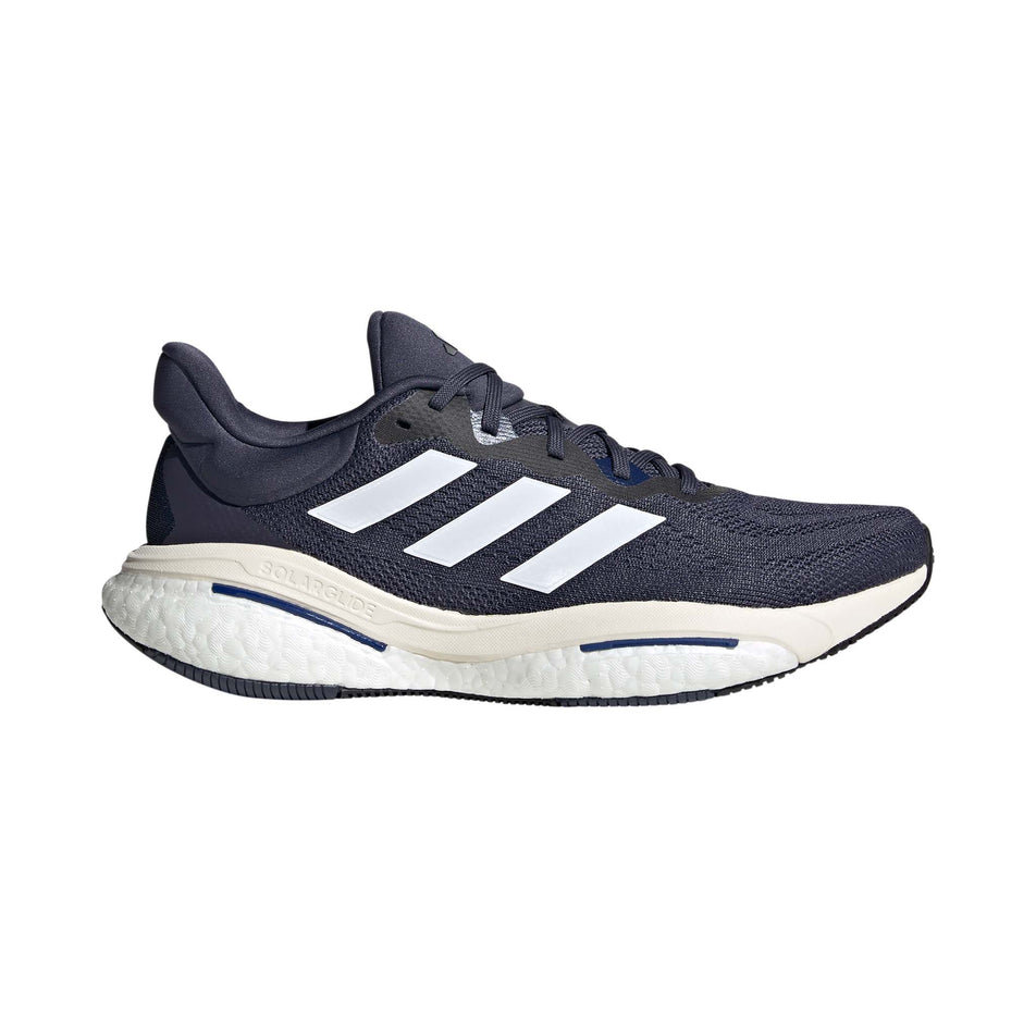 Right shoe lateral view of adidas Men's Solar Glide 6 Running Shoes in blue. (7705910214818)