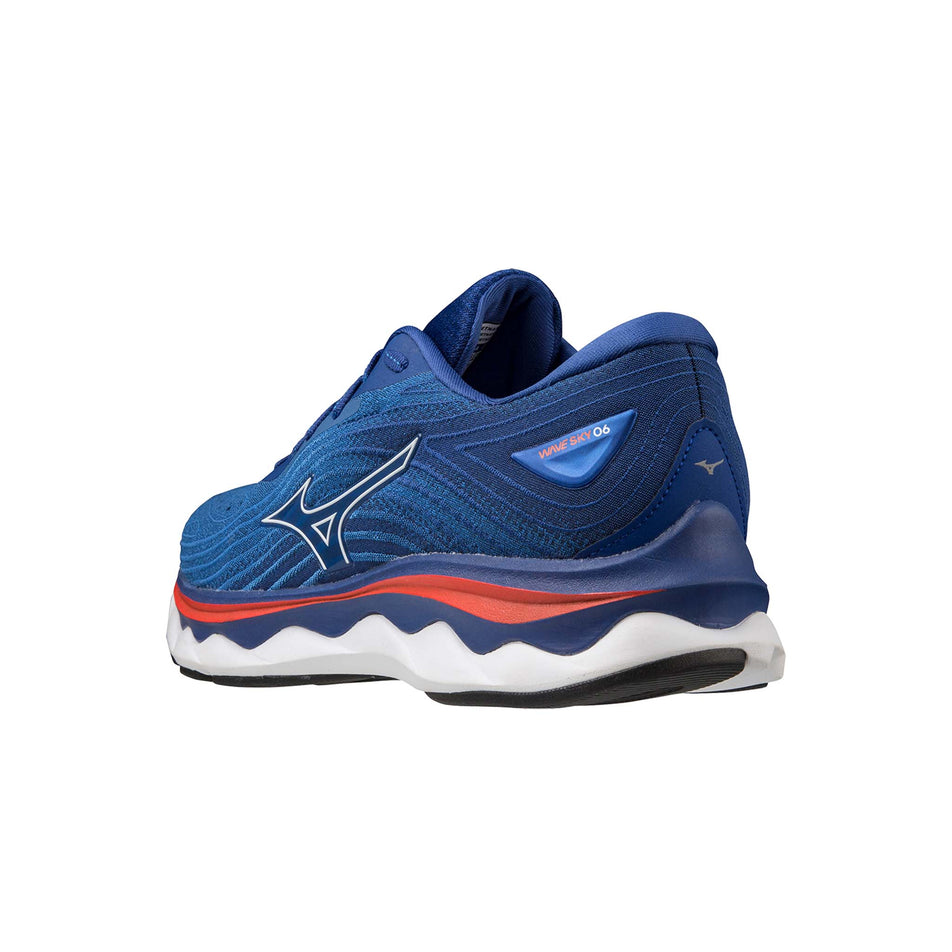 Posterior angled view of Mizuno Men's Wave Sky 6 Running Shoes in blue (7599151055010)