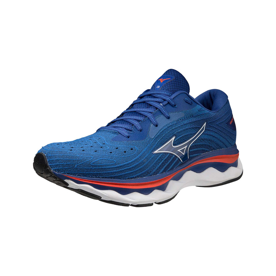 Anterior angled view of Mizuno Men's Wave Sky 6 Running Shoes in blue (7599151055010)