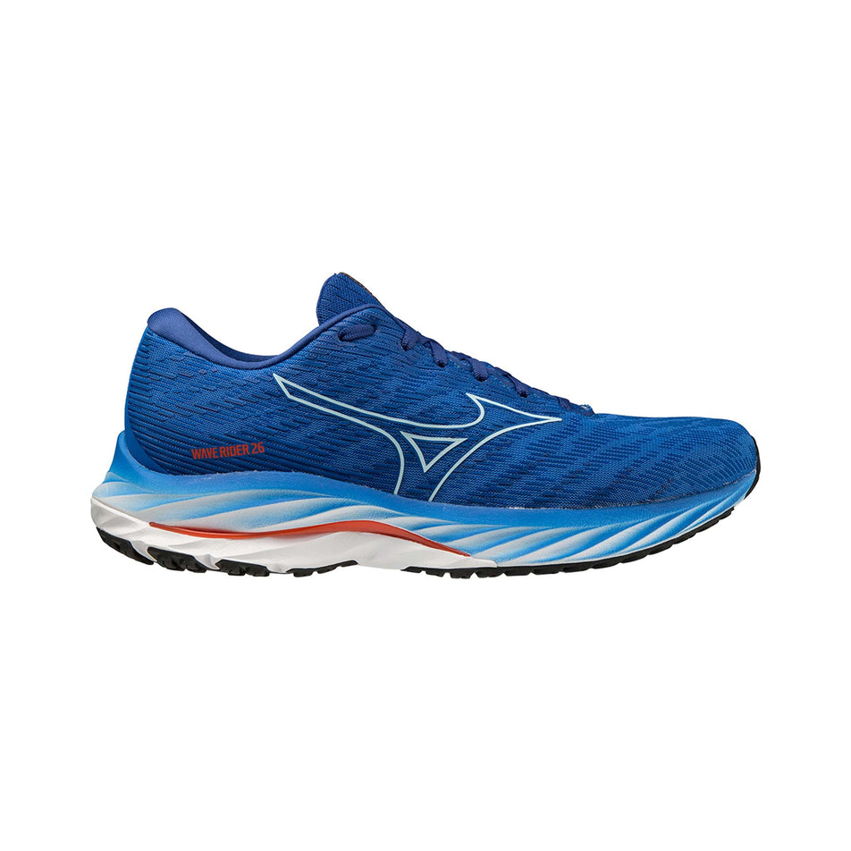 Right shoe lateral view of Mizuno Men's Wave Rider 26 Running Shoes in blue (7599149645986)